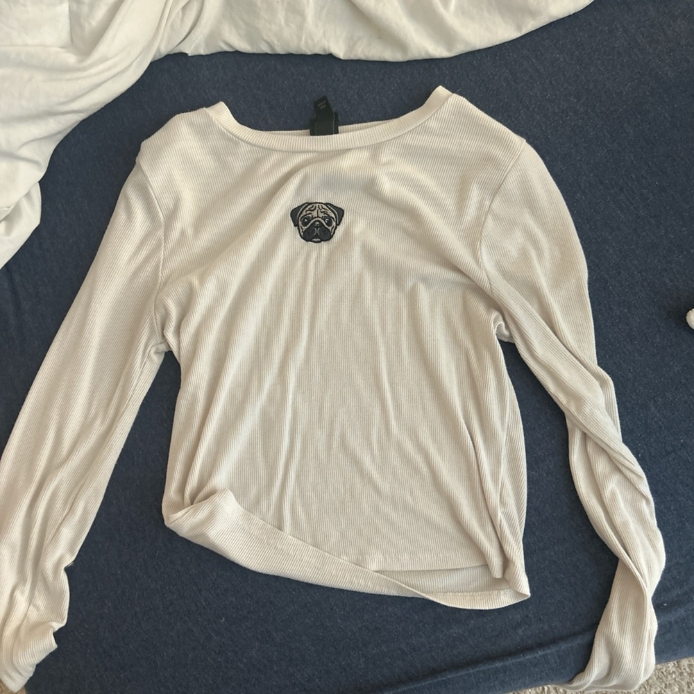 Wild Fable White Long Sleeve Top with Pug Design